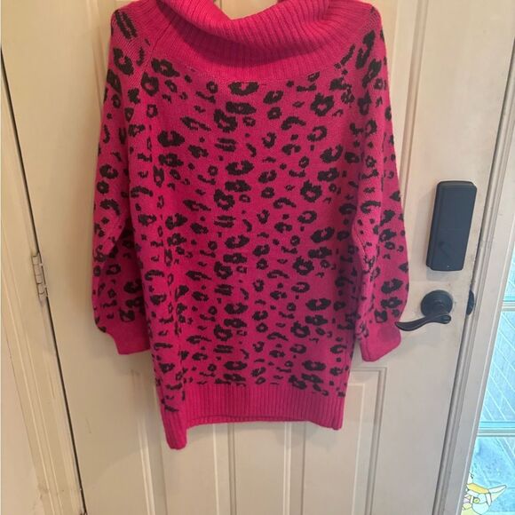 Anthropologie Eesome Fuchsia Leopard Off-Shoulder Sweater Dress - Picture 4 of 4